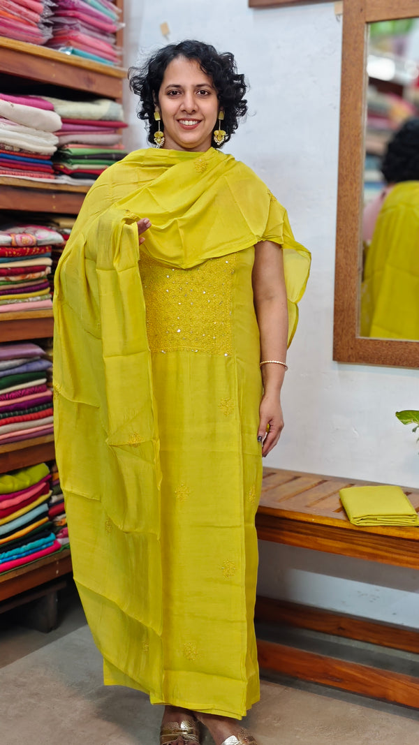 Lemon Yellow Muslin Chikankari Suit - SML9