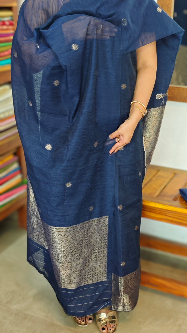 Navy Blue Semi Raw Silk Banarasi Suit - 67A1 - A