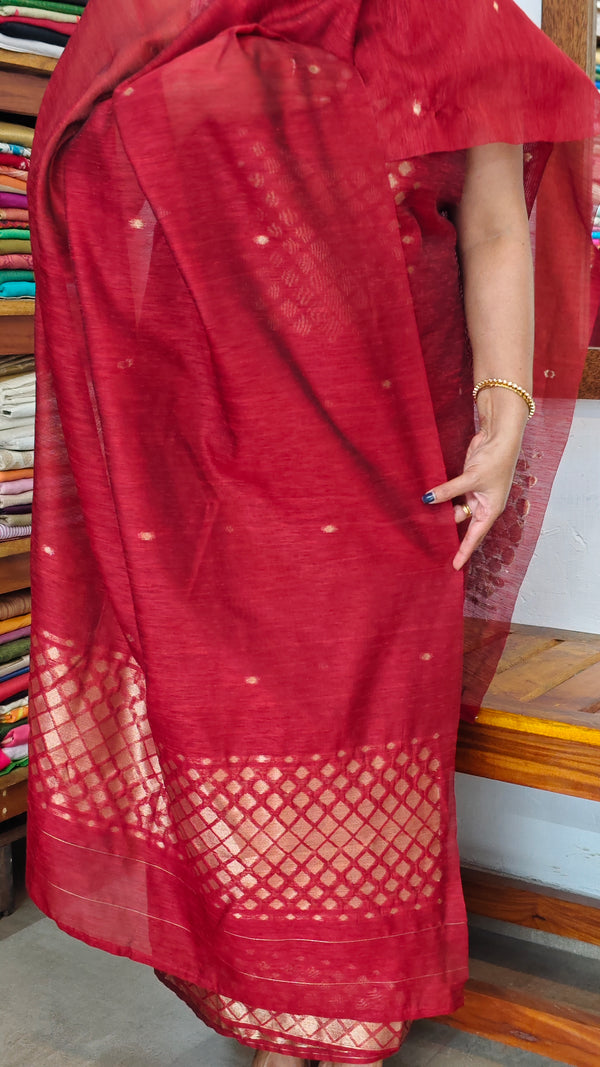 Chilli Red Semi Raw Silk Banarasi Suit - 67A1 - B