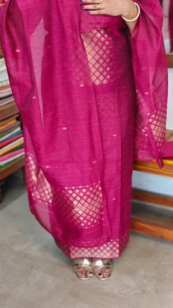 Magenta Semi Raw Silk Banarasi Suit - 67A1 - B