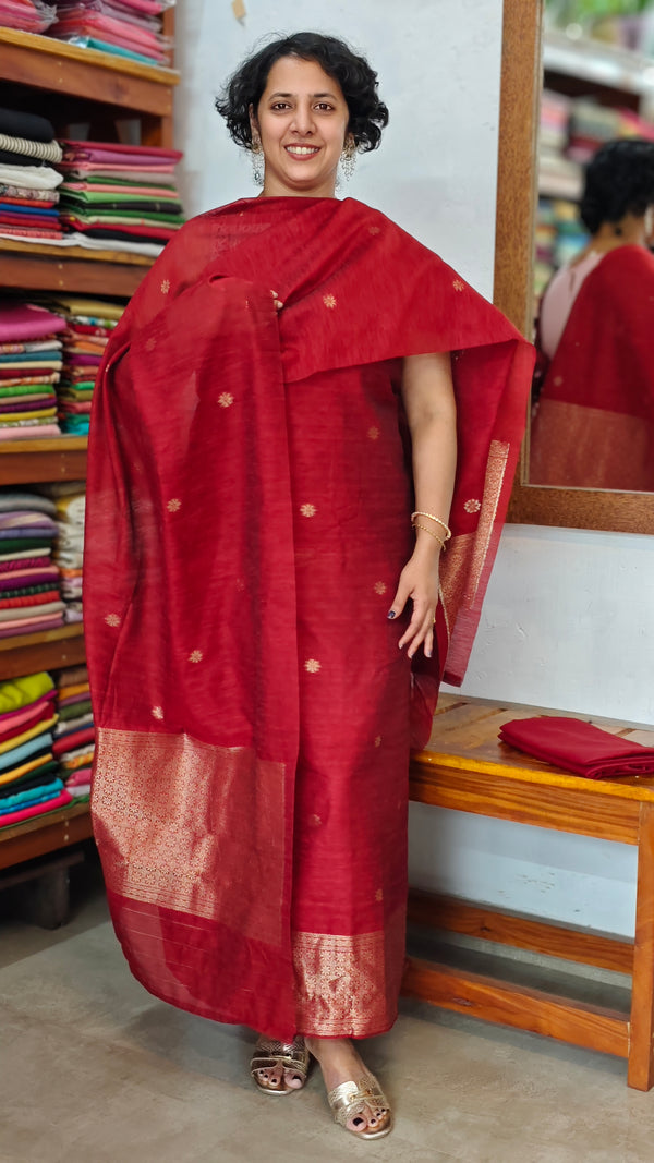 Chilli Red Semi Raw Silk Banarasi Suit - 67A1 - A