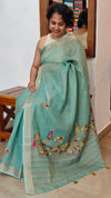 Sea Green Tissue Linen Hand Embroidered Saree - JL396