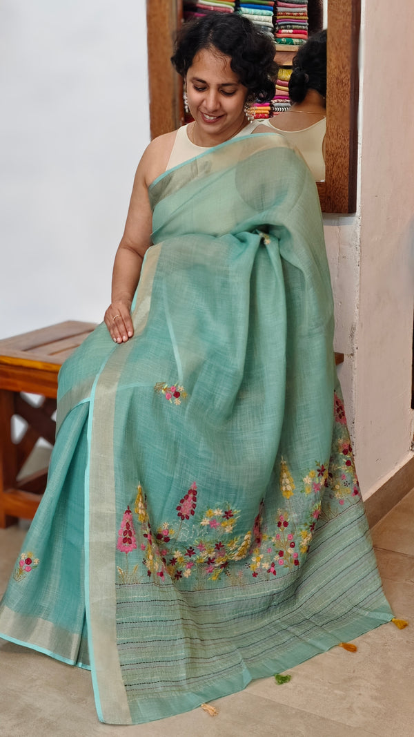 Sea Green Tissue Linen Hand Embroidered Saree - JL396