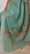 Sea Green Tissue Linen Hand Embroidered Saree - JL396