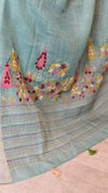 Sea Green Tissue Linen Hand Embroidered Saree - JL396