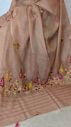 Tan Brown Hand Embroidered Tissue Linen Saree - JL396