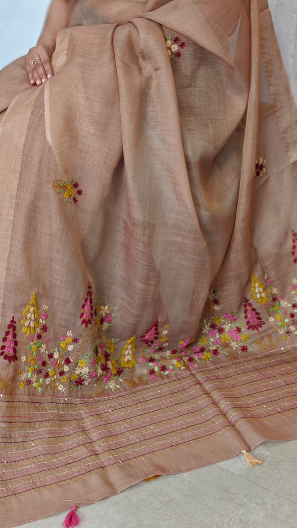 Tan Brown Hand Embroidered Tissue Linen Saree - JL396