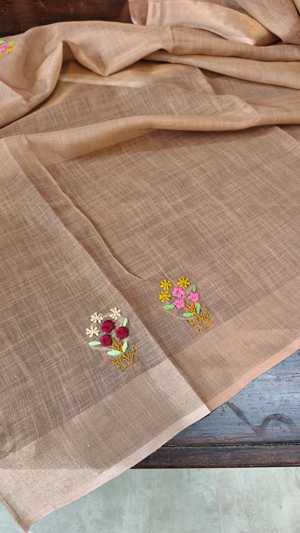 Tan Brown Hand Embroidered Tissue Linen Saree - JL396