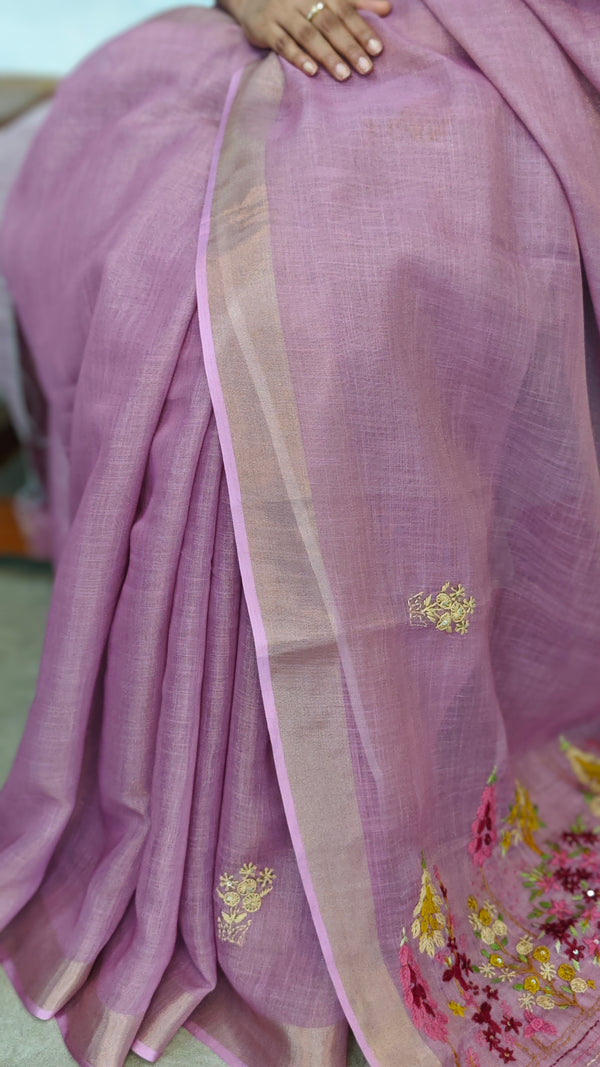 Lavender Tissue Linen Hand Embroidered Saree - JL396
