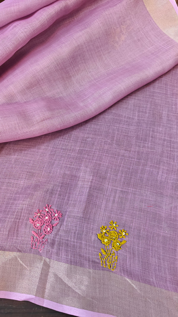 Lavender Tissue Linen Hand Embroidered Saree - JL396