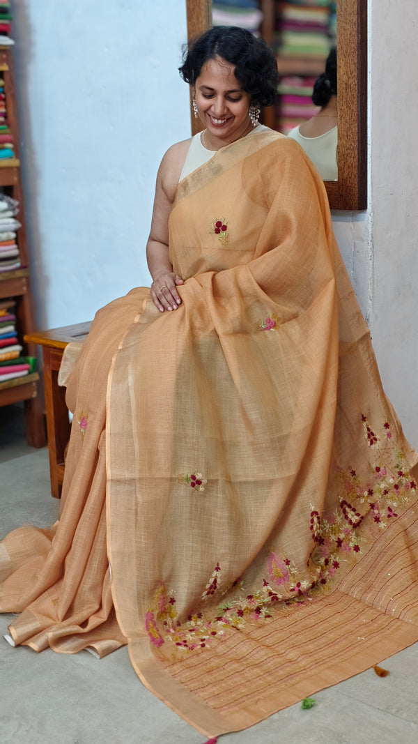 Mustard Tissue Linen Hand Embroidered Saree - JL396