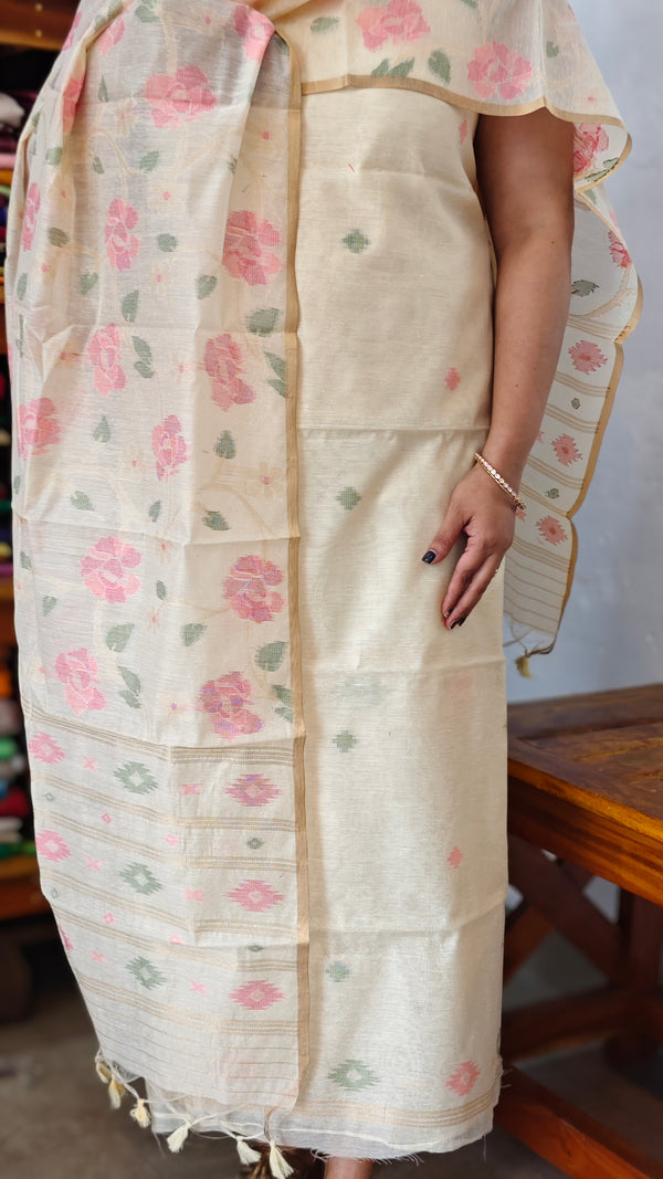 Cream Linen Chanderi Jamdani Suit - DL73 - A1