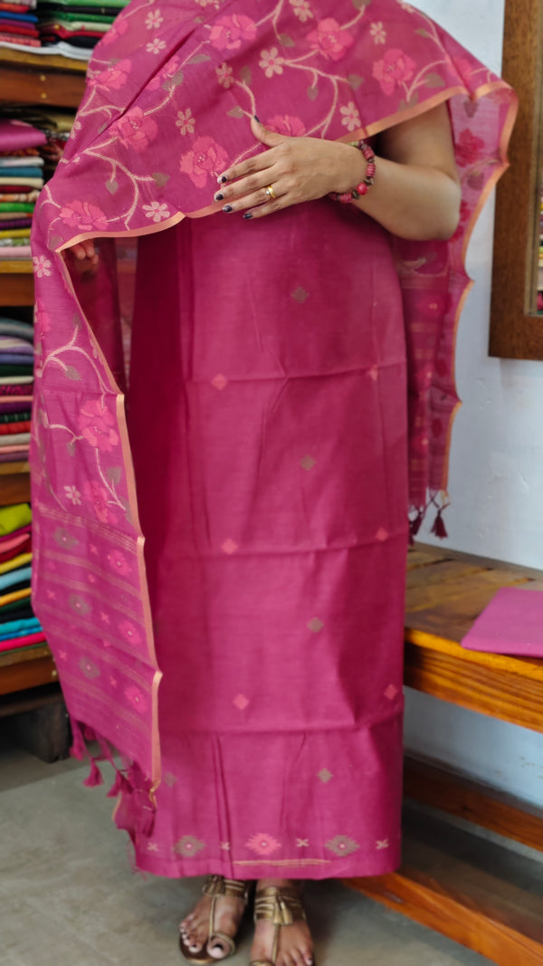 Dark Pink Linen Chanderi Jamdani Suit - DL73