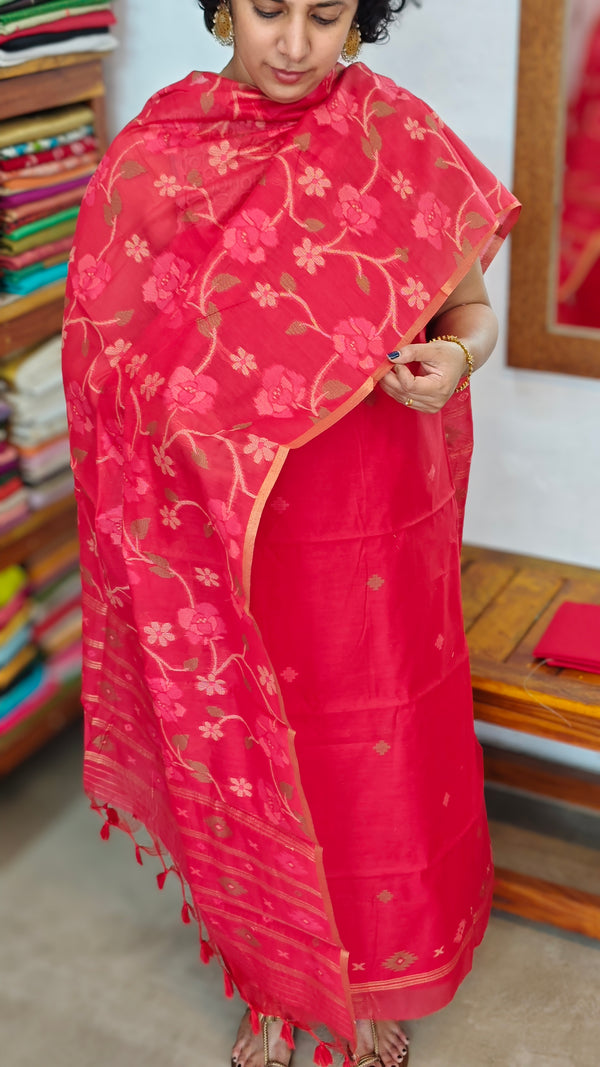 Chilli Red Linen Chanderi Jamdani Suit - DL73