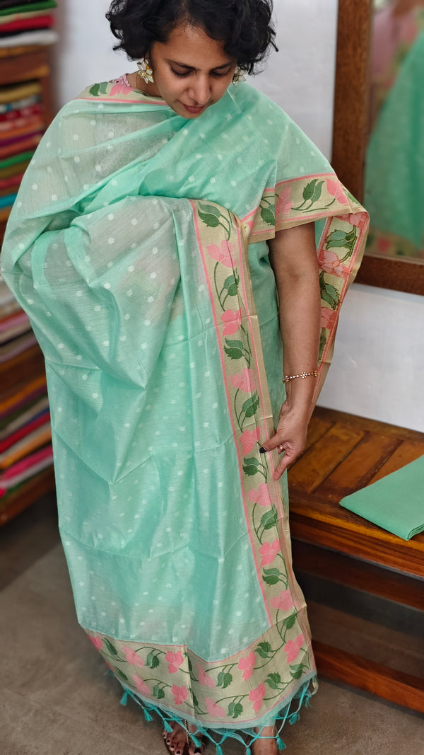 Teal Green Linen Chanderi Jamdani Suit - DL73