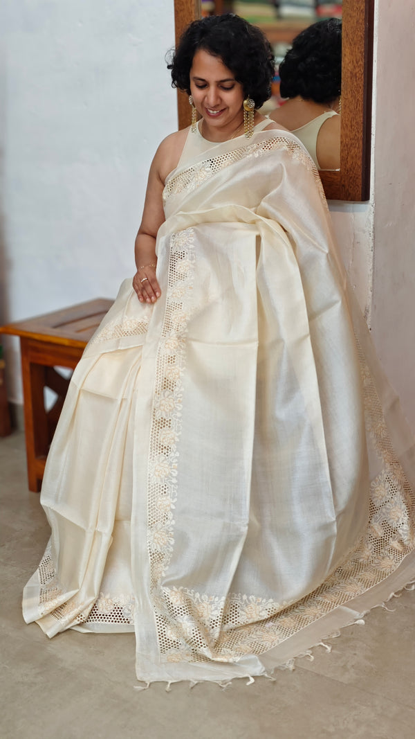 Off White and Light Beige Tussar Silk Saree with Cutwork Borders - AC65