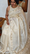 Off White and Light Beige Tussar Silk Saree with Cutwork Borders - AC65