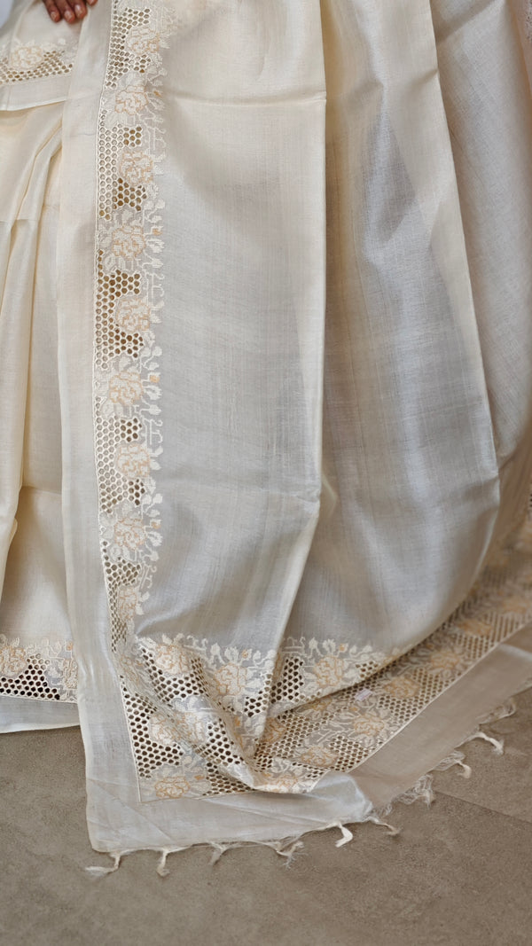 Off White and Light Beige Tussar Silk Saree with Cutwork Borders - AC65