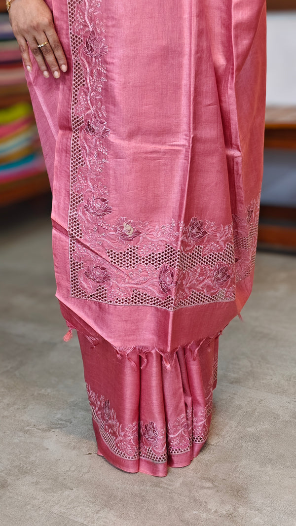 Blush Pink and Mauve Tussar Silk Saree with Cutwork Embroidered Borders - AC65