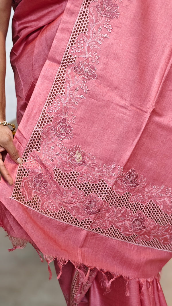 Blush Pink and Mauve Tussar Silk Saree with Cutwork Embroidered Borders - AC65