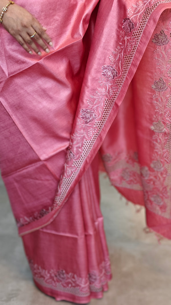 Blush Pink and Mauve Tussar Silk Saree with Cutwork Embroidered Borders - AC65