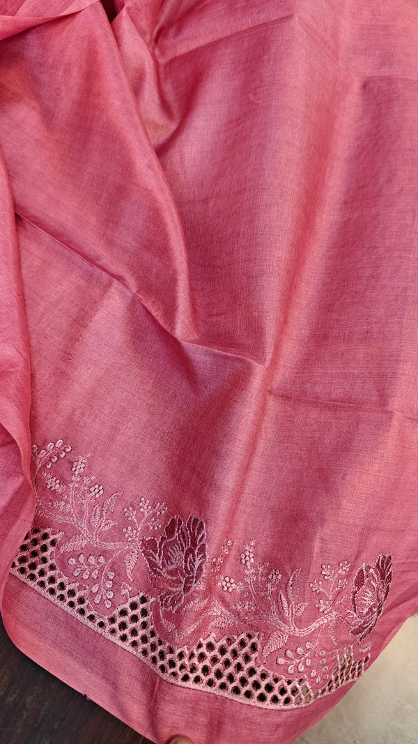 Blush Pink and Mauve Tussar Silk Saree with Cutwork Embroidered Borders - AC65