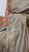 Muted Sage Green Tussar Silk Saree with Cutwork Embroidered Borders - AC65