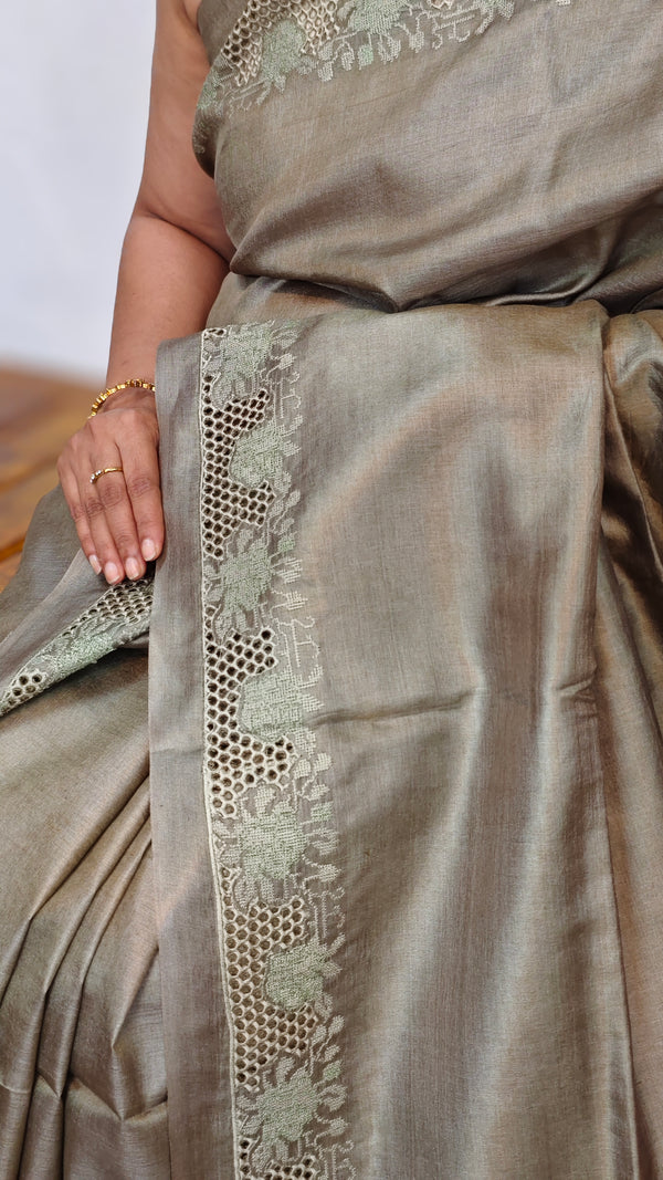 Muted Sage Green Tussar Silk Saree with Cutwork Embroidered Borders - AC65