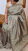 Muted Sage Green Tussar Silk Saree with Cutwork Embroidered Borders - AC65