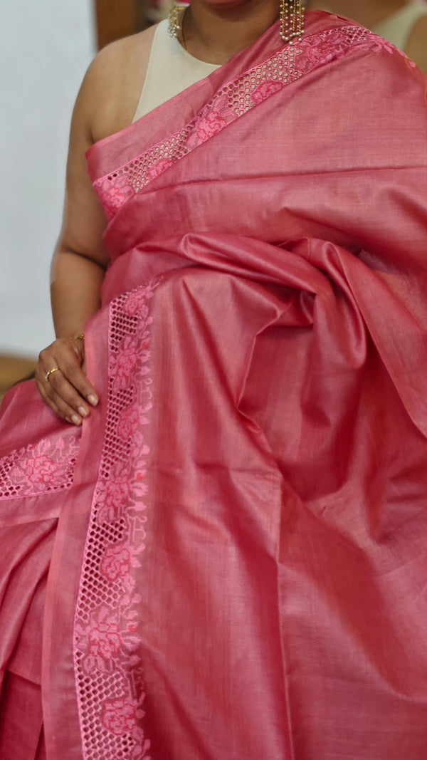 Blush Pink and Rose Tussar Silk Saree with Cutwork Embroidered Borders - AC65