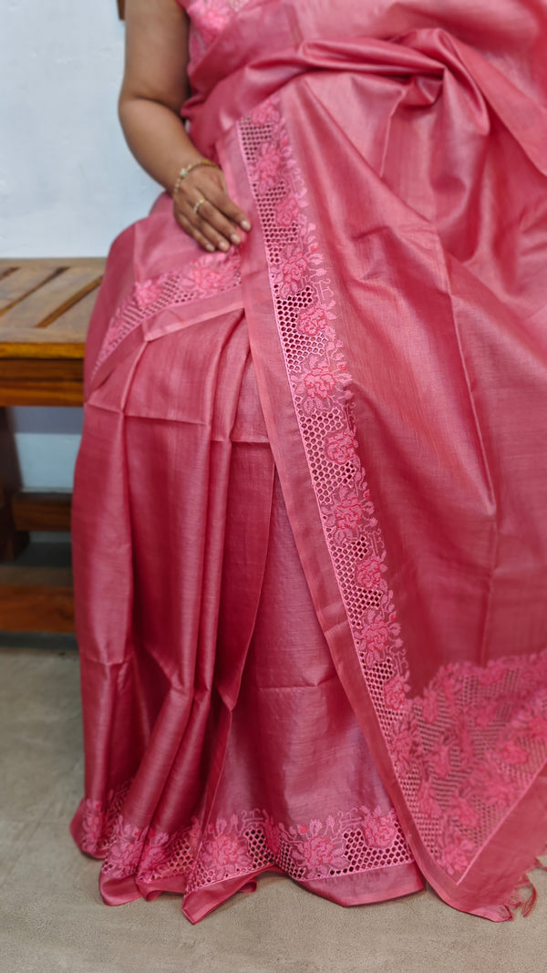 Blush Pink and Rose Tussar Silk Saree with Cutwork Embroidered Borders - AC65