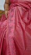 Blush Pink and Rose Tussar Silk Saree with Cutwork Embroidered Borders - AC65