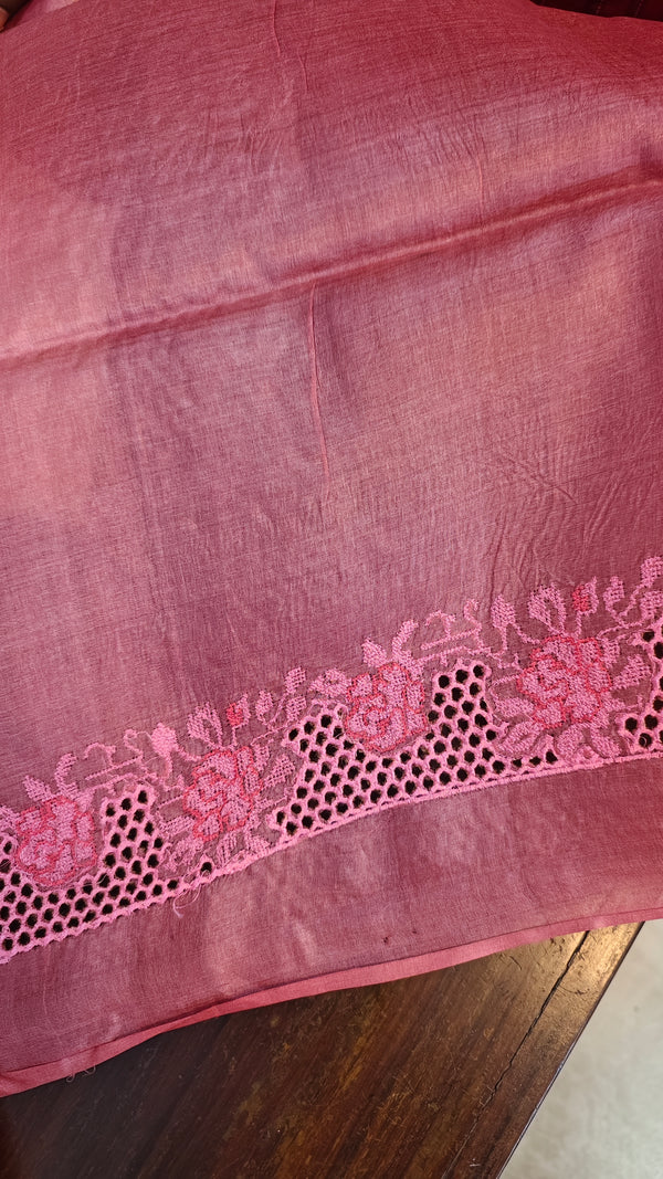 Blush Pink and Rose Tussar Silk Saree with Cutwork Embroidered Borders - AC65