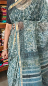 Teal and Green Block Printed Kota Doria Saree - SQ39