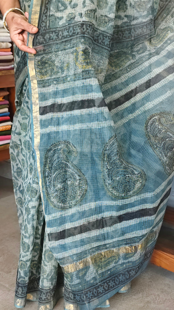 Teal and Green Block Printed Kota Doria Saree - SQ39