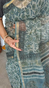 Teal and Green Block Printed Kota Doria Saree - SQ39