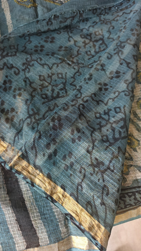 Teal and Green Block Printed Kota Doria Saree - SQ39