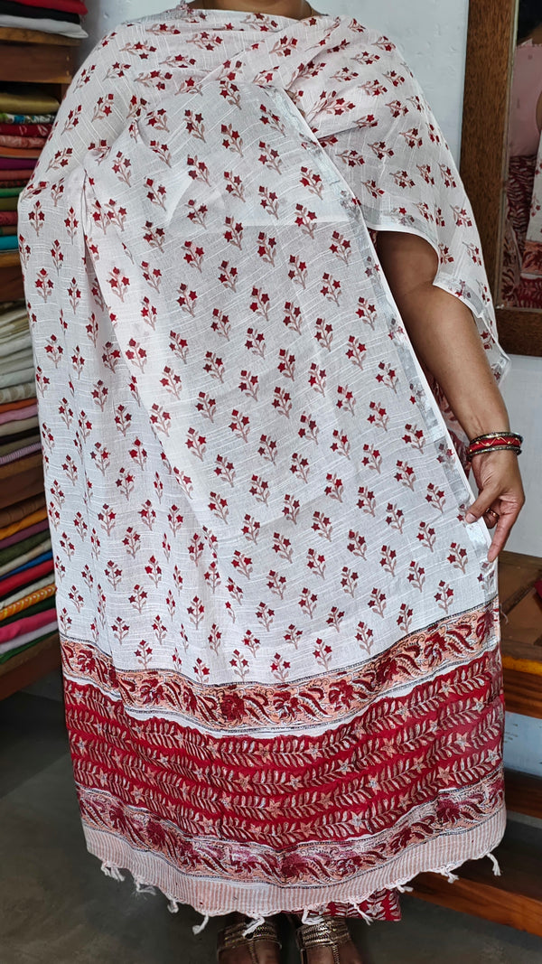 Dark Red and White Block Printed Linen Cotton Suit - FD31