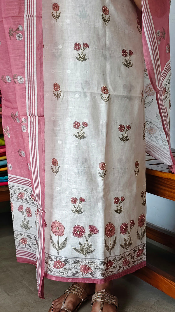 Cream and Pink Linen Cotton Suit with Hand Embroidery - BSR4