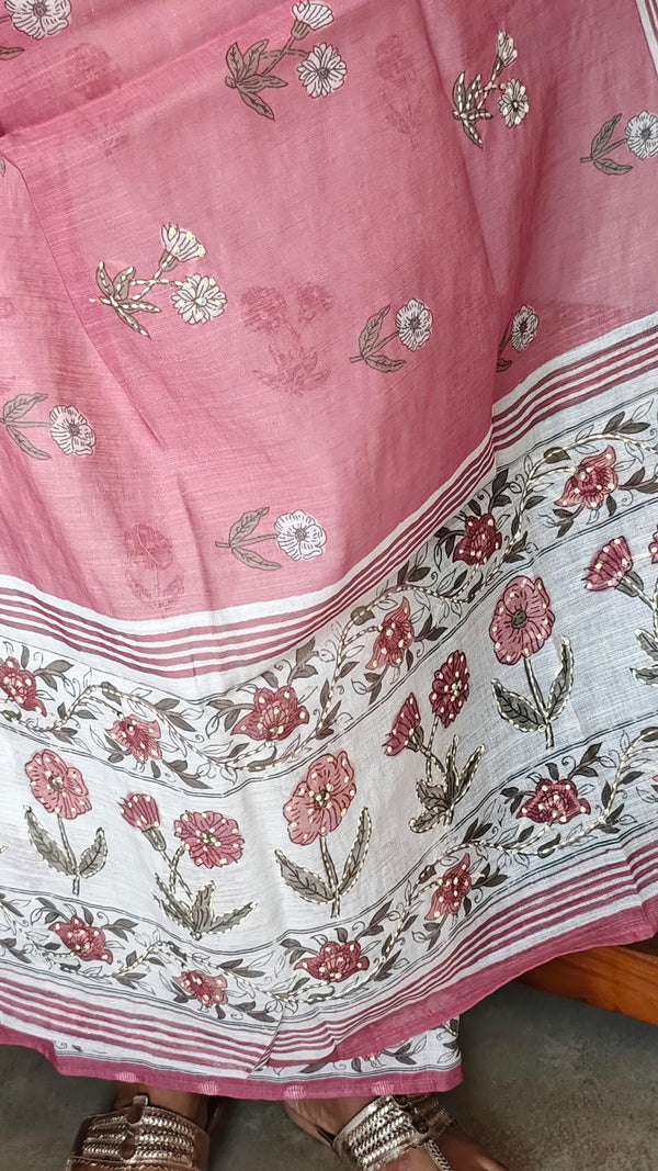 Cream and Pink Linen Cotton Suit with Hand Embroidery - BSR4