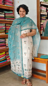 Cream and Teal Linen Cotton Suit with Hand Embroidery - BSR4
