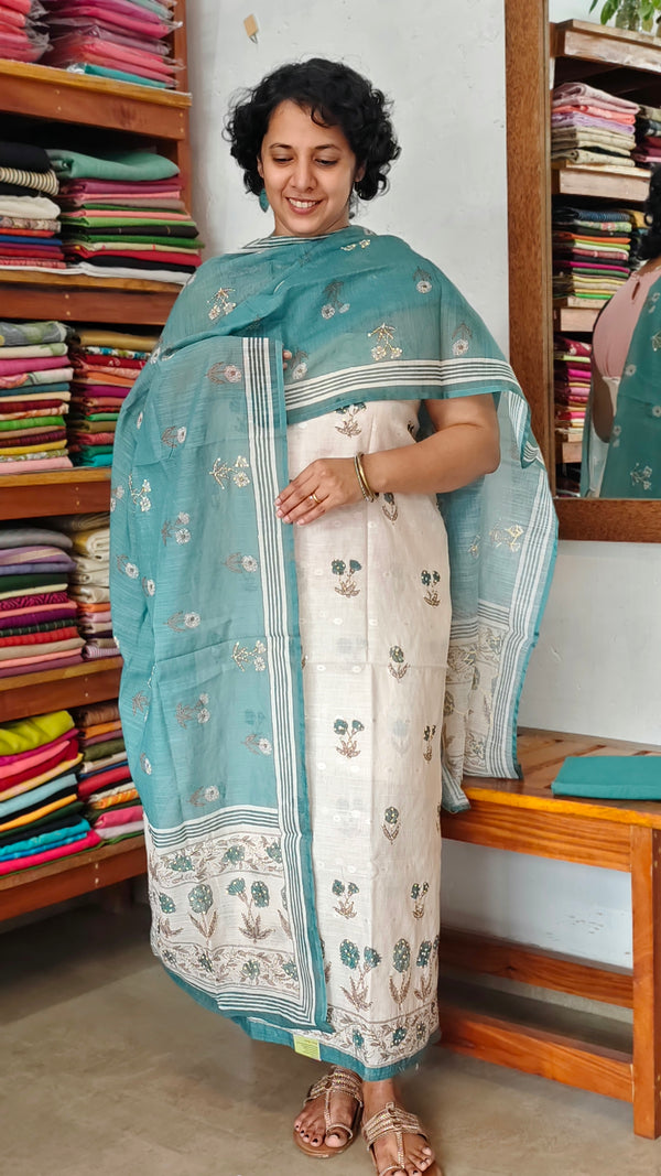 Cream and Teal Linen Cotton Suit with Hand Embroidery - BSR4