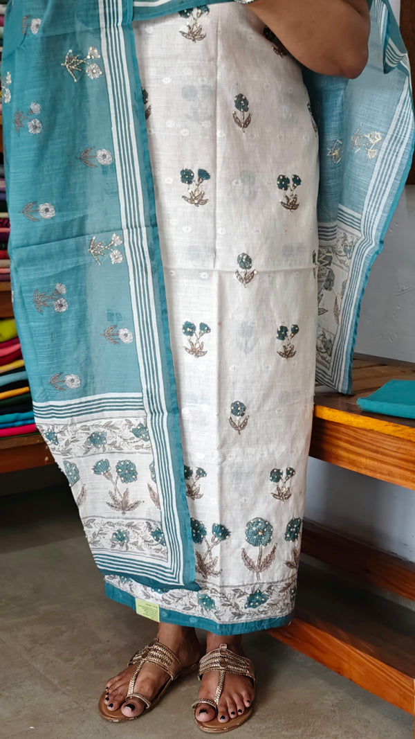 Cream and Teal Linen Cotton Suit with Hand Embroidery - BSR4