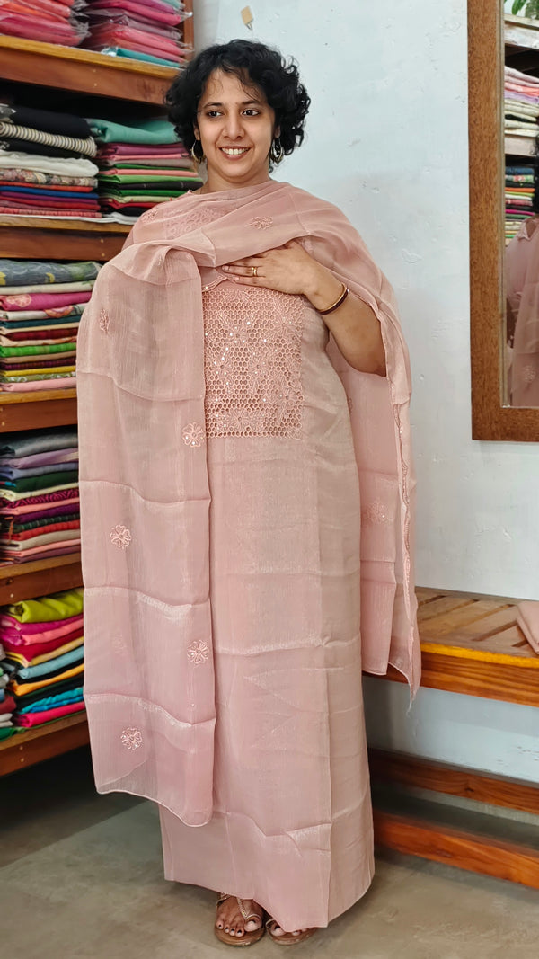Dusty Peach Shimmer Organza Cutwork Suit - L38M