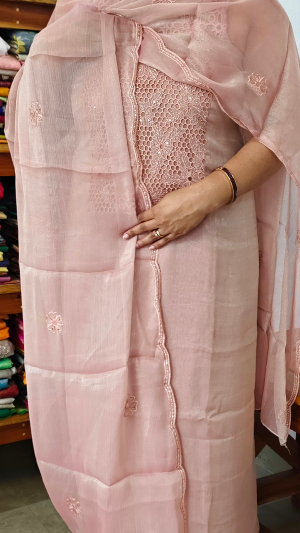 Dusty Peach Shimmer Organza Cutwork Suit - L38M