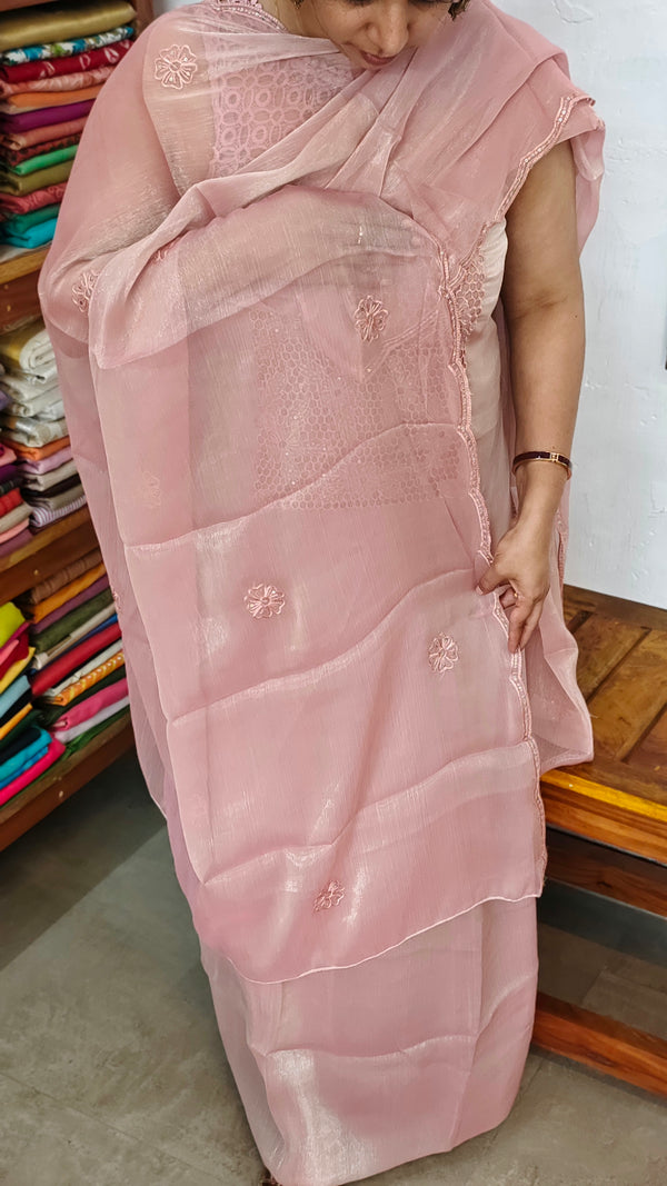 Dusty Peach Shimmer Organza Cutwork Suit - L38M
