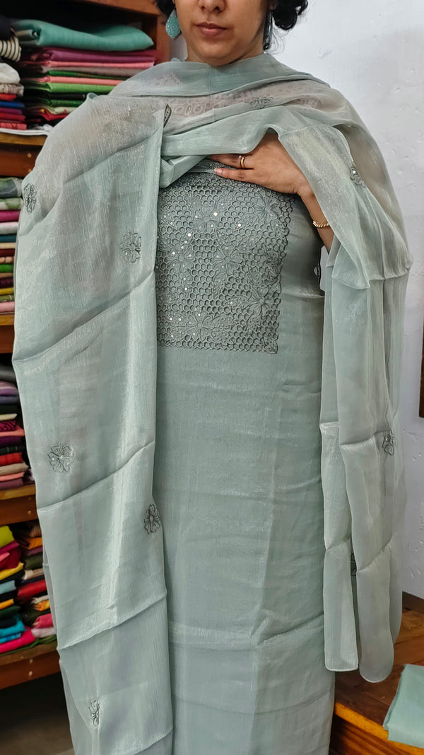 Teal Shimmer Organza Cutwork Suit - L38M