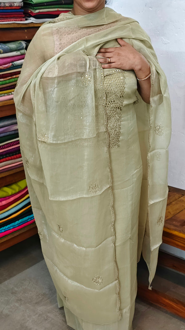 Dusty Sage Green Shimmer Organza Cutwork Suit - L38M