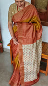 Mustard and Brick Red Zari Checked Tussar Silk Saree - GTS35