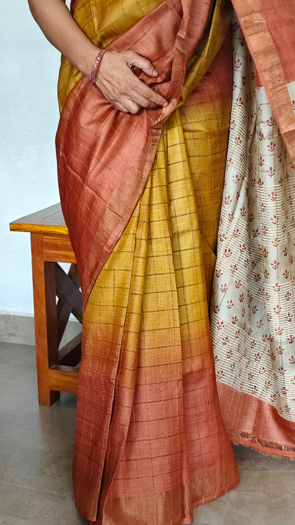 Mustard and Brick Red Zari Checked Tussar Silk Saree - GTS35